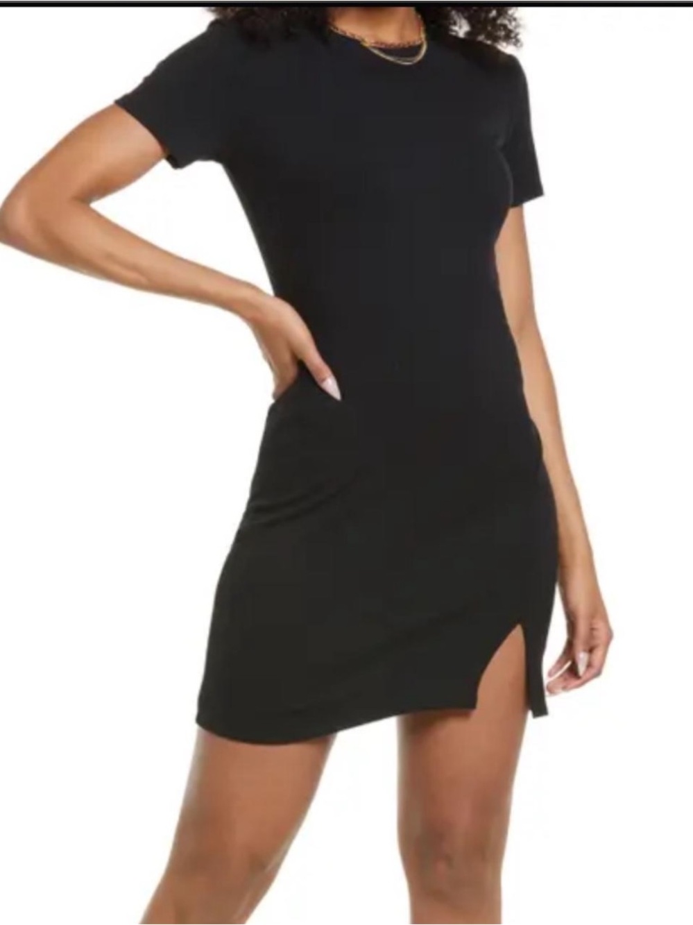 Nordstrom Black Short Sleeve Ribbed Mini Dress with little slit
